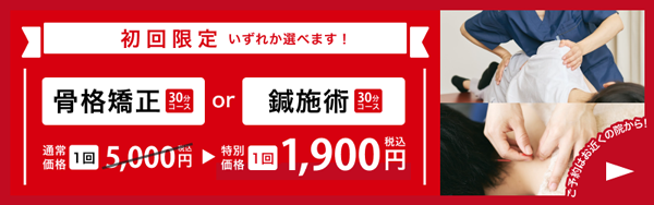 WEB予約限定キャンペーン 初回限定 骨格矯正 or 鍼施術 特別価格 1,900円